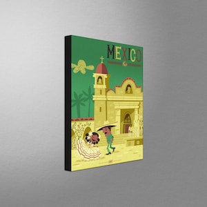 May include: A vintage travel poster for Mexico featuring a yellow church with a red roof and a green background. A man and woman in traditional clothing are walking in front of the church. The text "MEXICO" is at the top of the poster.