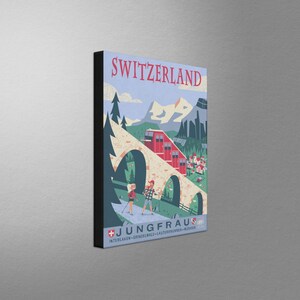 May include: A vintage travel poster for Switzerland featuring a red train traveling through a mountain pass with a couple hiking in the foreground. The poster includes the text "SWITZERLAND" and "JUNGFRAU" with the names of nearby towns listed below.