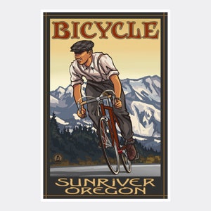 May include: Vintage travel poster with a cyclist riding a bicycle on a road with mountains in the background. The poster says "Bicycle Sunriver Oregon".