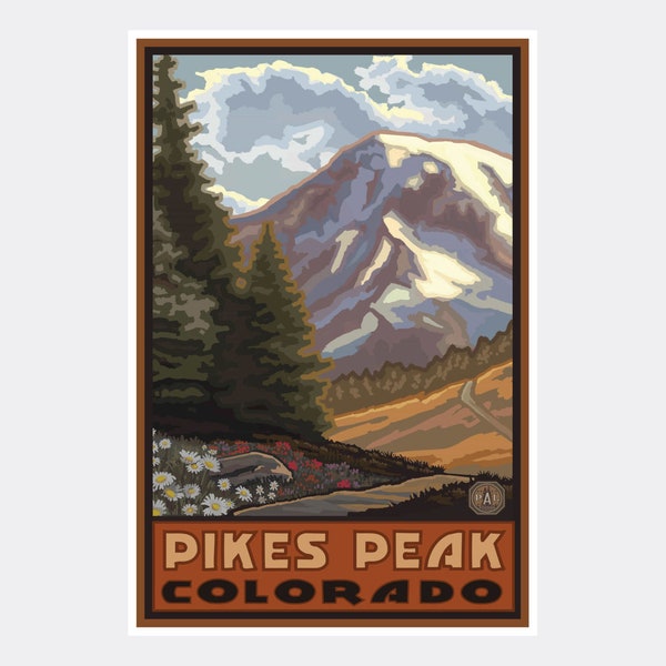 Pikes Peak Colorado Springtime Mountains Giclee Art Print Poster from Travel Artwork by Artist Paul A. Lanquist