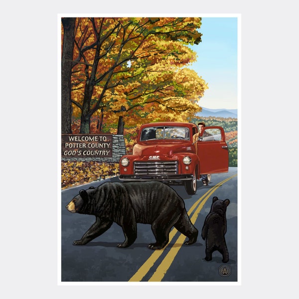 Potter County Pennsylvania Truck With Sign Giclee Art Print Poster from Travel Artwork by Artist Paul A. Lanquist