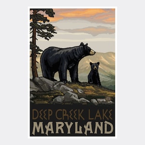 Deep Creek Lake Maryland Black Bear Family Giclee Art Print Poster from Travel Artwork by Artist Paul A. Lanquist