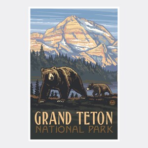Grand Teton National Park Art Print: Grizzly Bears Travel Poster by Paul A. Lanquist