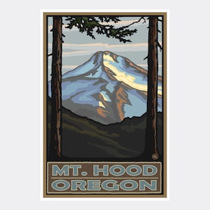 May include: A vintage travel poster featuring a stylized illustration of Mount Hood, Oregon, with a snowy peak and a blue sky. The mountain is framed by two tall trees, and the text "MT. HOOD OREGON" is printed in blue and brown at the bottom.