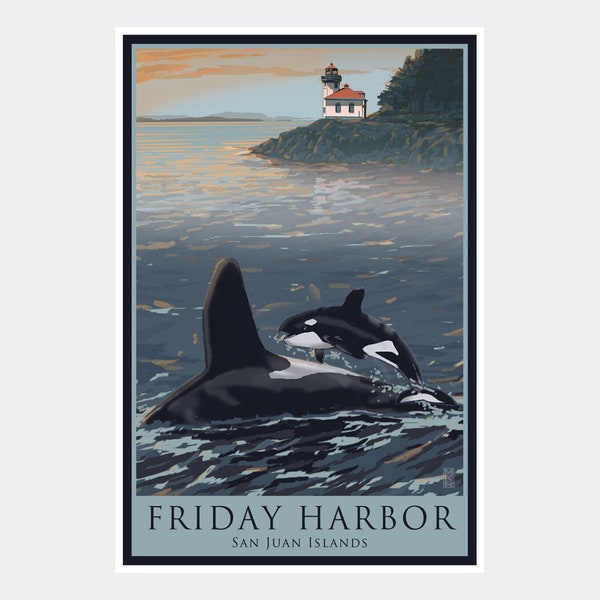 Friday Harbor San Juan Islands Baby Orca Jumping Lime Kiln Giclee Art Print Poster from Painting by Artist Mike Rangner