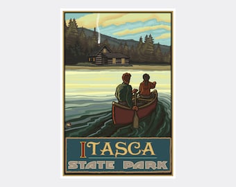 May include: A vintage-style poster depicting a couple canoeing on a lake in front of a cabin in the woods. The poster has the text "ITASCA STATE PARK" at the bottom.