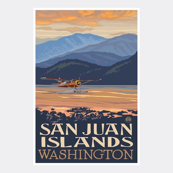 San Juan Islands Washington Float Plane Giclee Art Print Poster from Travel Artwork by Artist Paul A. Lanquist