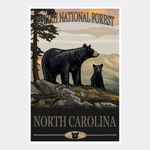Pisgah National Forest Black Bears North Carolina Giclee Art Print Poster from Travel Artwork by Artist Paul A. Lanquist