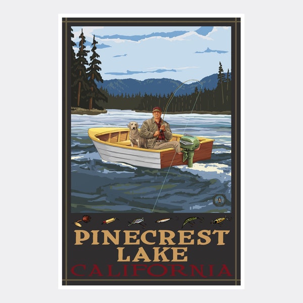 Pinecrest Lake California Fisherman In Boat Hills Giclee Art Print Poster from Travel Artwork by Artist Paul A. Lanquist