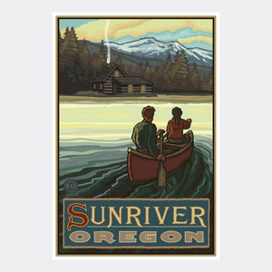 May include: A vintage-style travel poster featuring a couple in a canoe on a lake in front of a cabin and mountains. The text reads "Sunriver Oregon".