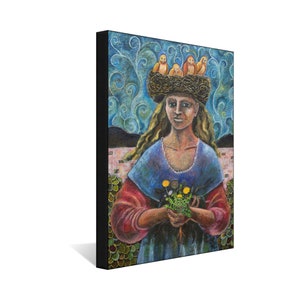 May include: A woman with long blonde hair wears a nest on her head with three yellow birds. She holds a bouquet of yellow dandelions in her hands. The background is a blue sky with white clouds and a pink and green landscape.