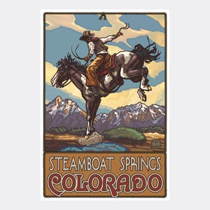 Steamboat Springs Colorado Bucking Horse Cowboy Giclee Art Print Poster from Travel Artwork by Artist Paul A. Lanquist