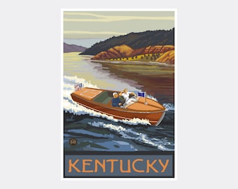 Kentucky Woodie Boat Lake Giclee Art Print Poster from Travel Artwork by Artist Paul A. Lanquist