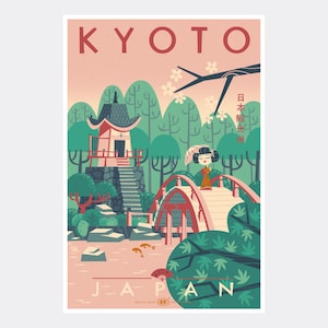 May include: A vintage travel poster with a pink background featuring a stylized illustration of a Japanese temple, a red bridge, and a woman in a traditional kimono walking across the bridge. The text "KYOTO" is at the top of the poster, and "JAPAN" is at the bottom.