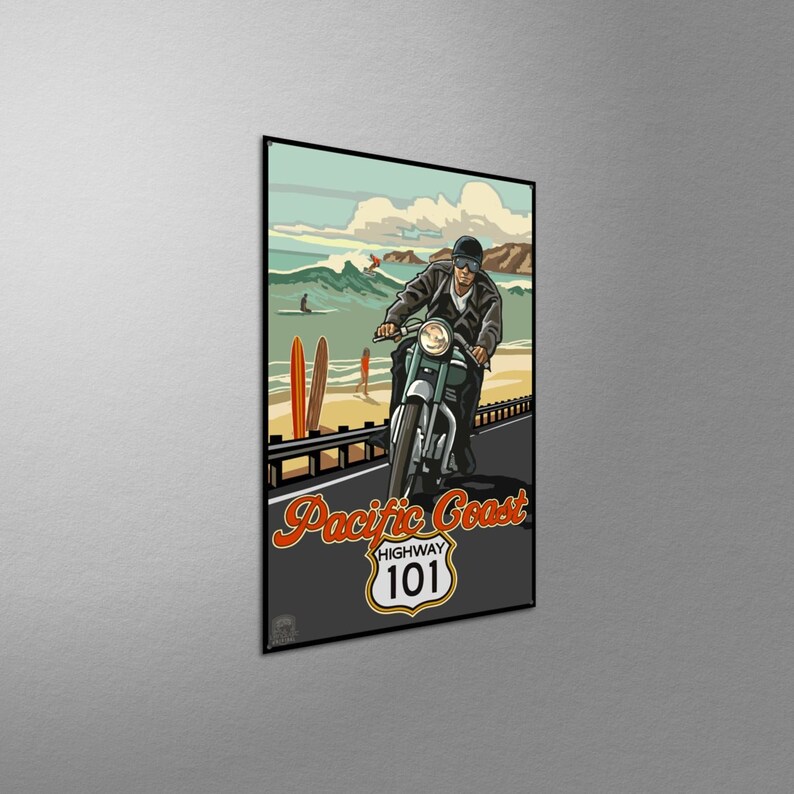Pacific Coast Highway Motorcycle Rider Giclee Art Print Poster from Original Travel Artwork by Artist Paul A Lanquist