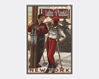 Lake Placid Skiers Art Print: Vintage New York Travel Poster