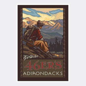 46ers Adirondacks New York Mountain Hiker Man Giclee Art Print Poster from Travel Artwork by Artist Paul A. Lanquist