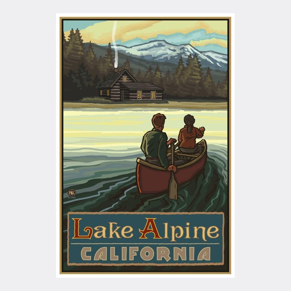 Lake Alpine California Lake Canoers Mountains Giclee Art Print Poster from Travel Artwork by Artist Paul A. Lanquist