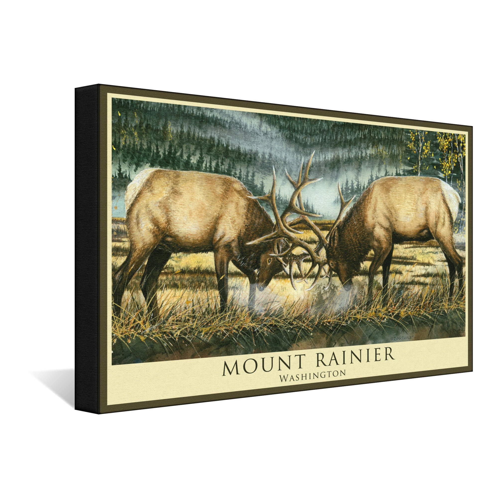 Mount Rainier Washington Clash of the Titans Elk Stretch Canvas, Pillow, Blanket by Artist Dave Bartholet