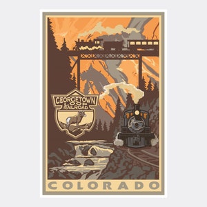 Georgetown Colorado Railroad Trains Giclee Art Print Poster from Travel Artwork by Artist Paul A. Lanquist