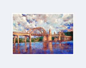 May include: A painting of a bridge over a body of water. The bridge is made of concrete and has a large arch in the middle. The water is blue and there are clouds in the sky.