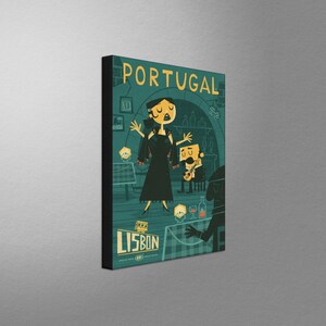 May include: A retro-style illustration of a woman singing in a restaurant in Lisbon, Portugal. The illustration is in a muted green, yellow, and black color scheme. The text "PORTUGAL" and "LISBON" are featured in the image.