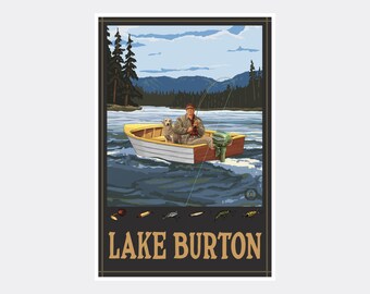 Impresión artística del lago Burton, Georgia: Póster de un pescador en un barco