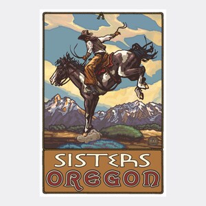 Sisters Oregon Bucking Horse Cowboy Giclee Art Print Poster from Travel Artwork by Artist Paul A. Lanquist
