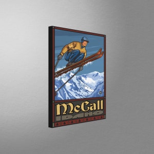 McCall Idaho Ski Jumper Stretch Canvas, Pillow, Blanket from Travel Artwork by Artist Paul A. Lanquist