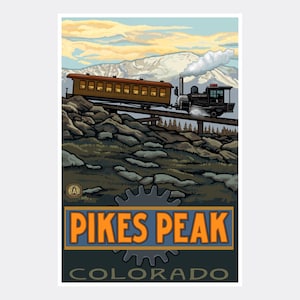 Pikes Peak Colorado Cog Rail Giclee Art Print Poster from Travel Artwork by Artist Paul A. Lanquist