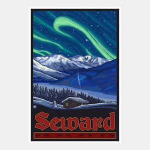 Seward Alaska Northern Lights Giclee Art Print Poster from Travel Artwork by Artist Paul A. Lanquist