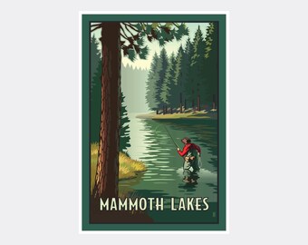 May include: A vintage-style travel poster featuring a fisherman casting a line in a lake surrounded by tall green trees. The text "MAMMOTH LAKES" is at the bottom of the poster.
