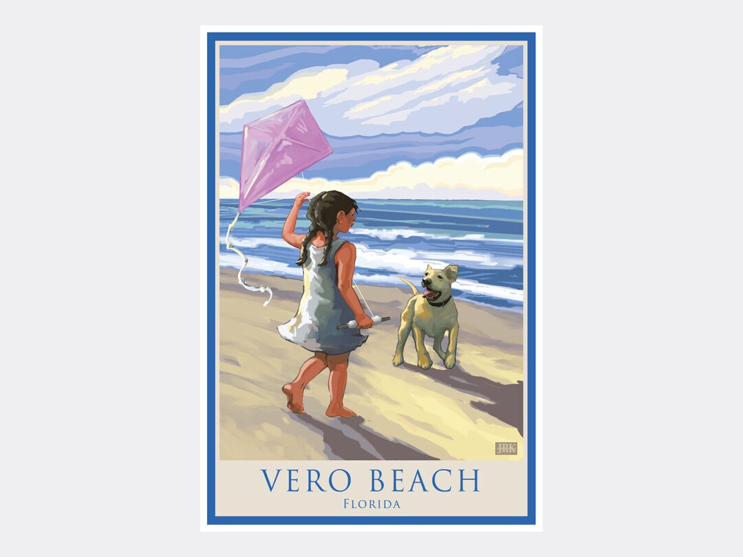 Vero Beach Florida Art Print: Girl, Dog Kite Beach Scene