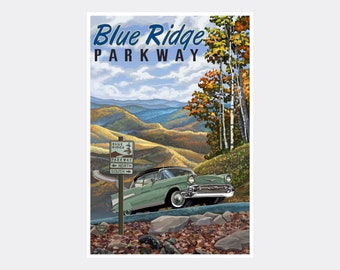 May include: A vintage green car drives along a winding road through a scenic mountain landscape. The car is driving towards a sign that reads "Blue Ridge Parkway" with arrows pointing to "North" and "South". The mountains are covered in fall foliage, with vibrant reds, oranges, and yellows.