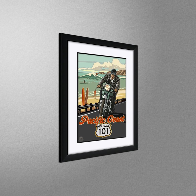 Pacific Coast Highway Motorcycle Rider Giclee Art Print Poster from Original Travel Artwork by Artist Paul A Lanquist