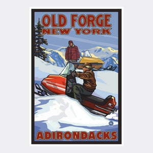 Old Forge New York Vintage Snowmobiliers Giclee Art Print Poster from Travel Artwork by Artist Paul A. Lanquist