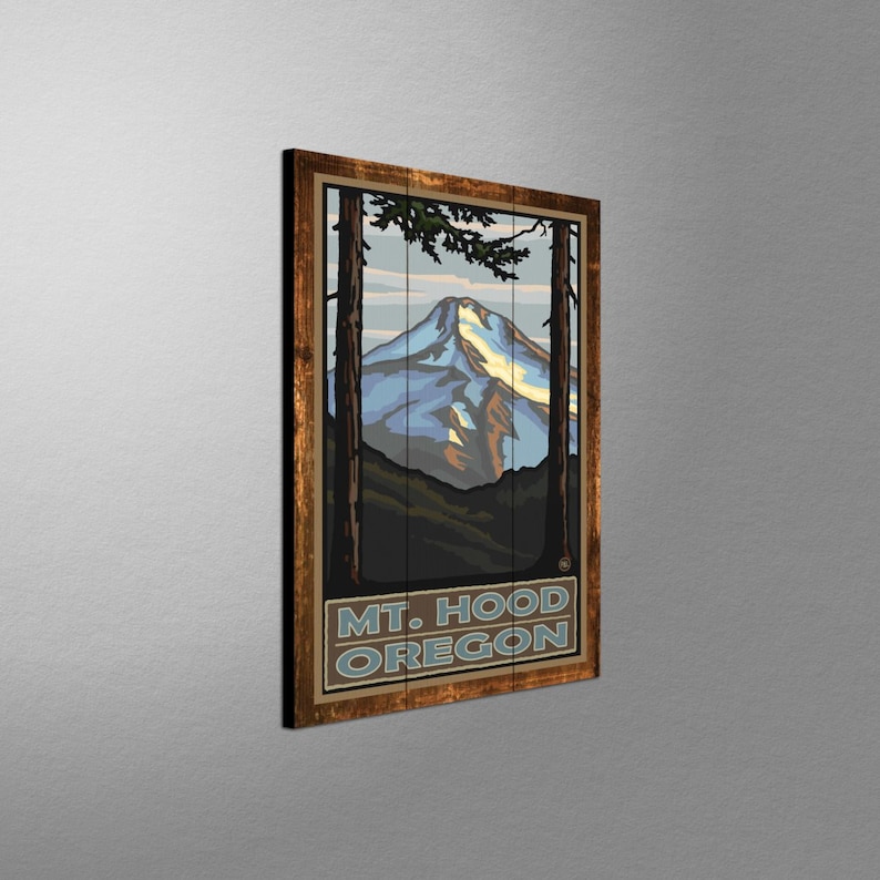 May include: A vintage-style wood sign with a graphic of Mount Hood, a snow-capped mountain, framed by trees. The text "MT. HOOD OREGON" is printed in blue and white on the sign.