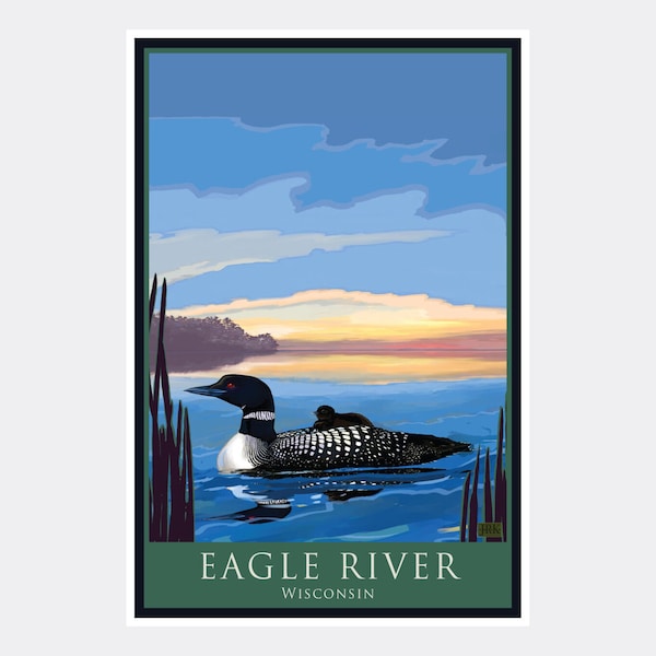 Eagle River Wisconsin Loon & Chick Giclee Art Print Poster from Illustration by Artist Joanne Kollman