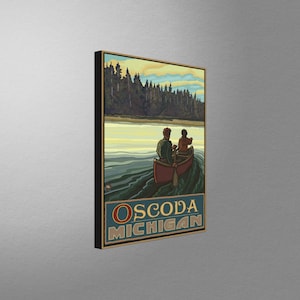 Oscoda Michigan Lake Canoers Forest Stretch Canvas, Pillow, Blanket from Travel Artwork by Artist Paul A. Lanquist