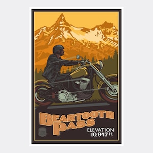 May include: A vintage-style poster featuring a motorcycle rider driving through a mountain pass. The poster is in shades of brown, yellow, and green, with the text "Beartooth Pass" and "Elevation 10,947 ft." at the bottom.