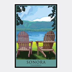 Sonora California Adirondack Chairs Lake Giclee Art Print Poster from Alla Prima Painting by Artist Joanne Kollman
