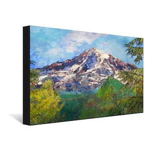 May include: A painting of a snow-capped mountain peak with a blue sky and green trees in the foreground.