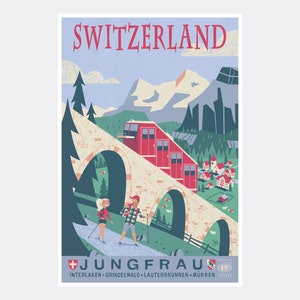 May include: A vintage travel poster for Switzerland featuring a red train traveling through a mountain landscape. The poster includes the text "SWITZERLAND" and "JUNGFRAU INTERLAKEN-GRINDELWALD-LAUTERBRUNNEN-MÜRREN".