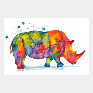 Rainbow Rhino Giclee Art Print Poster from Watercolor by Artist Dave Bartholet