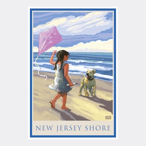 New Jersey Shore Beach, Girl, Dog & Kite Giclee Art Print Poster from Illustration by Artist Joanne Kollman