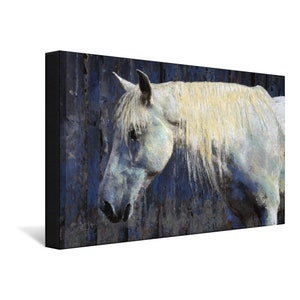 May include: A white horse with a long, flowing mane stands against a blue and gray textured background. The horse's head is turned to the side, and its eyes are closed.