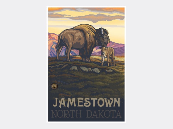 Jamestown North Dakota Buffalo & Calf Art Print: Vintage Travel Poster