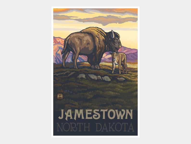 May include: A vintage travel poster featuring a brown bison and a calf standing in a grassy field with mountains in the background. The text "JAMESTOWN NORTH DAKOTA" is at the bottom of the poster.