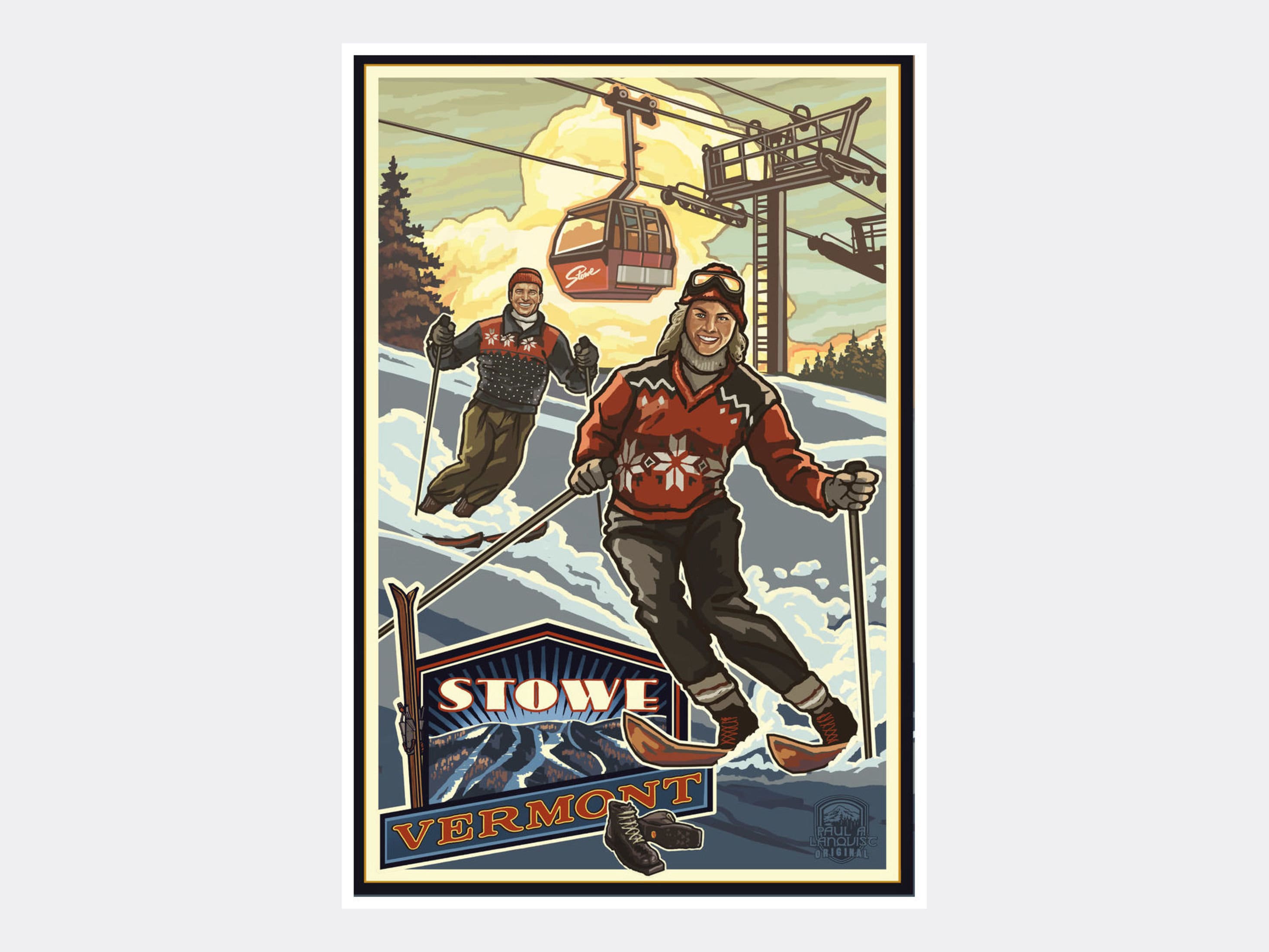 Stowe Vermont Skiing Pair Giclee Art Print Poster from Etsy