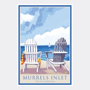Murrels Inlet South Carolina Adirondack Chairs Water Giclee Art Print Poster from Illustration by Artist Joanne Kollman